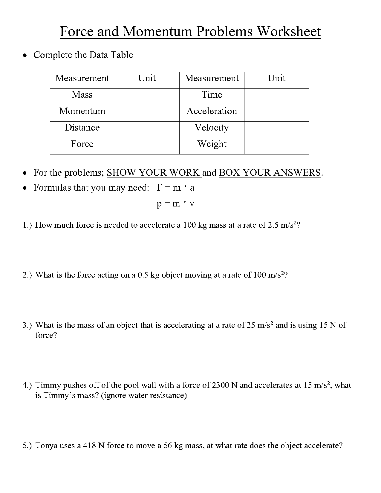 force and momentum problems worksheet