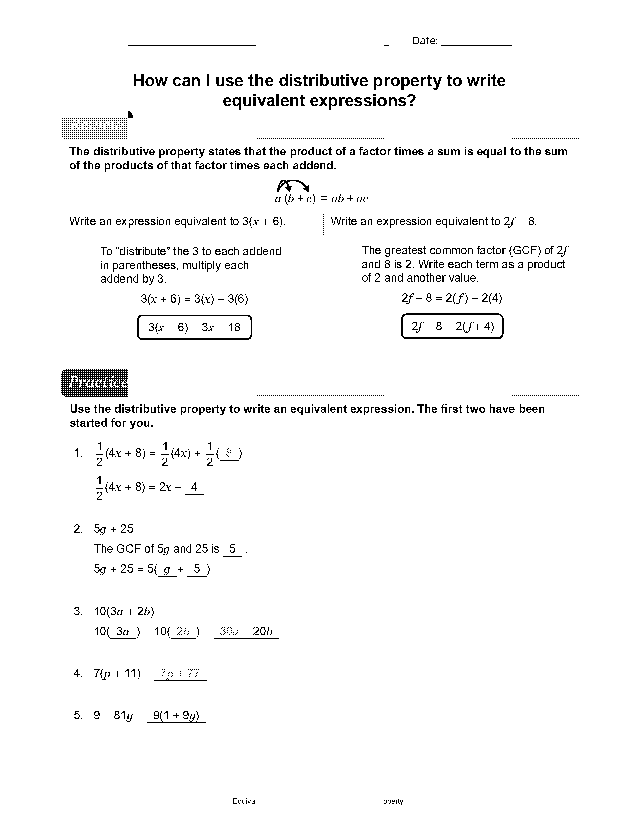 equivalent expression using distributive property