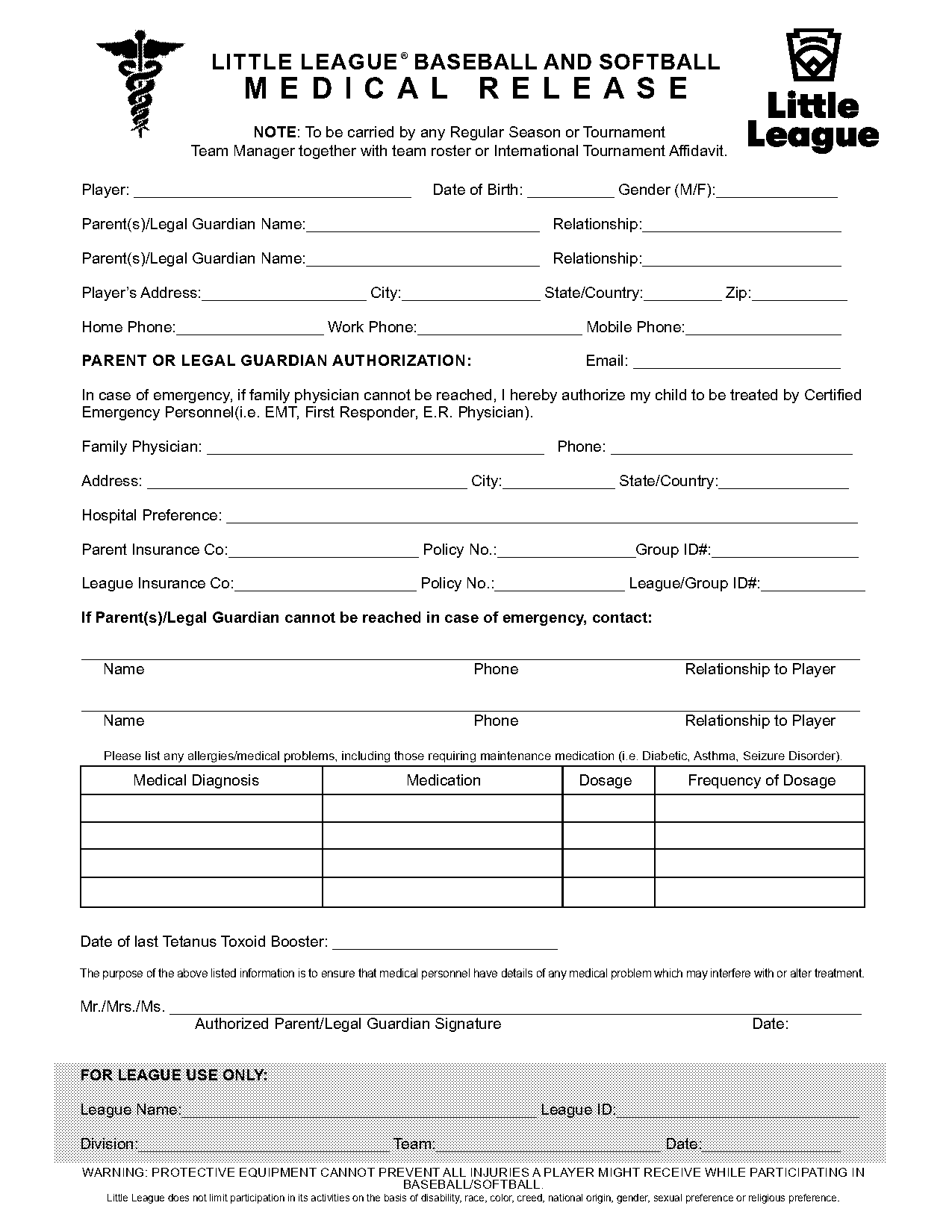 elkton little league medical release form