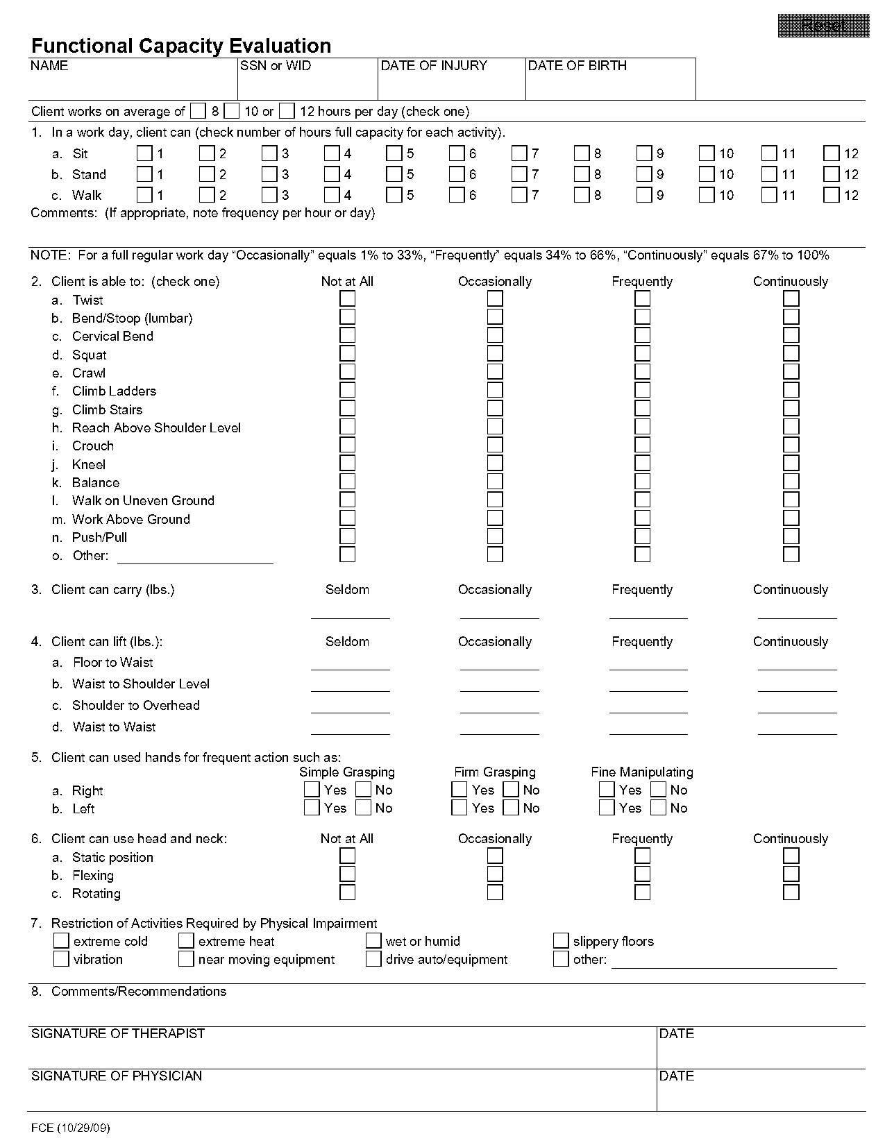 functional capacity evaluation template