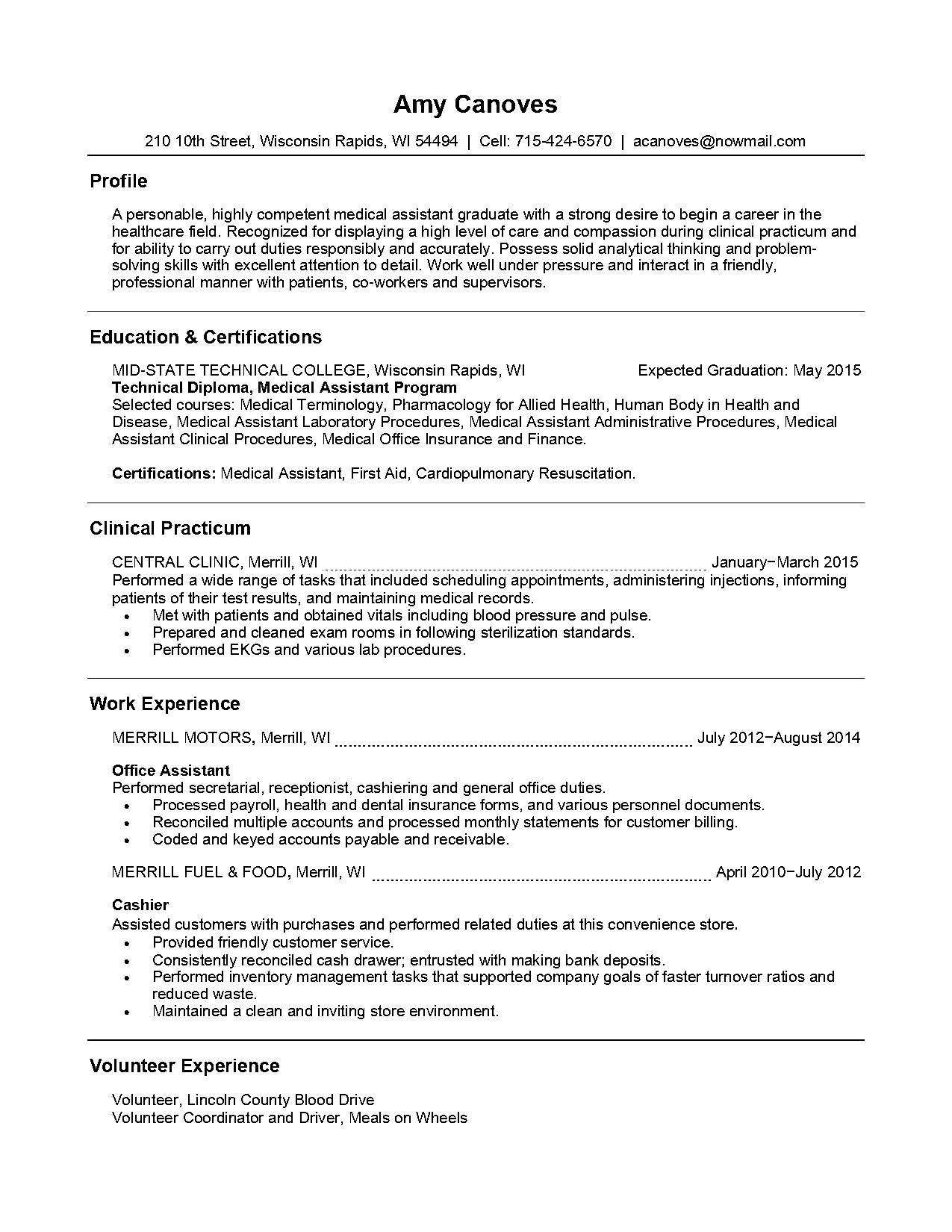 resume example for medical office assistant