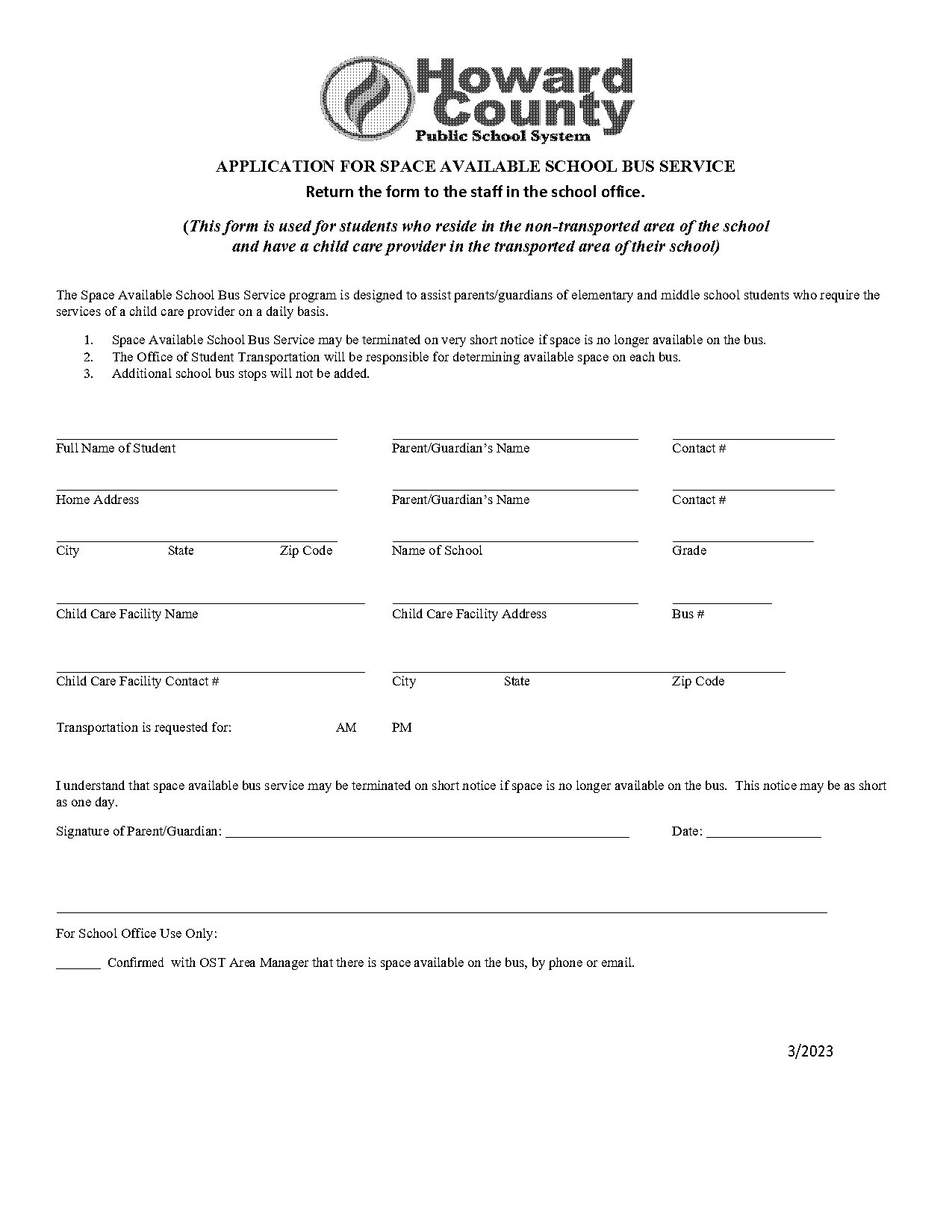 application for cancel school bus facility