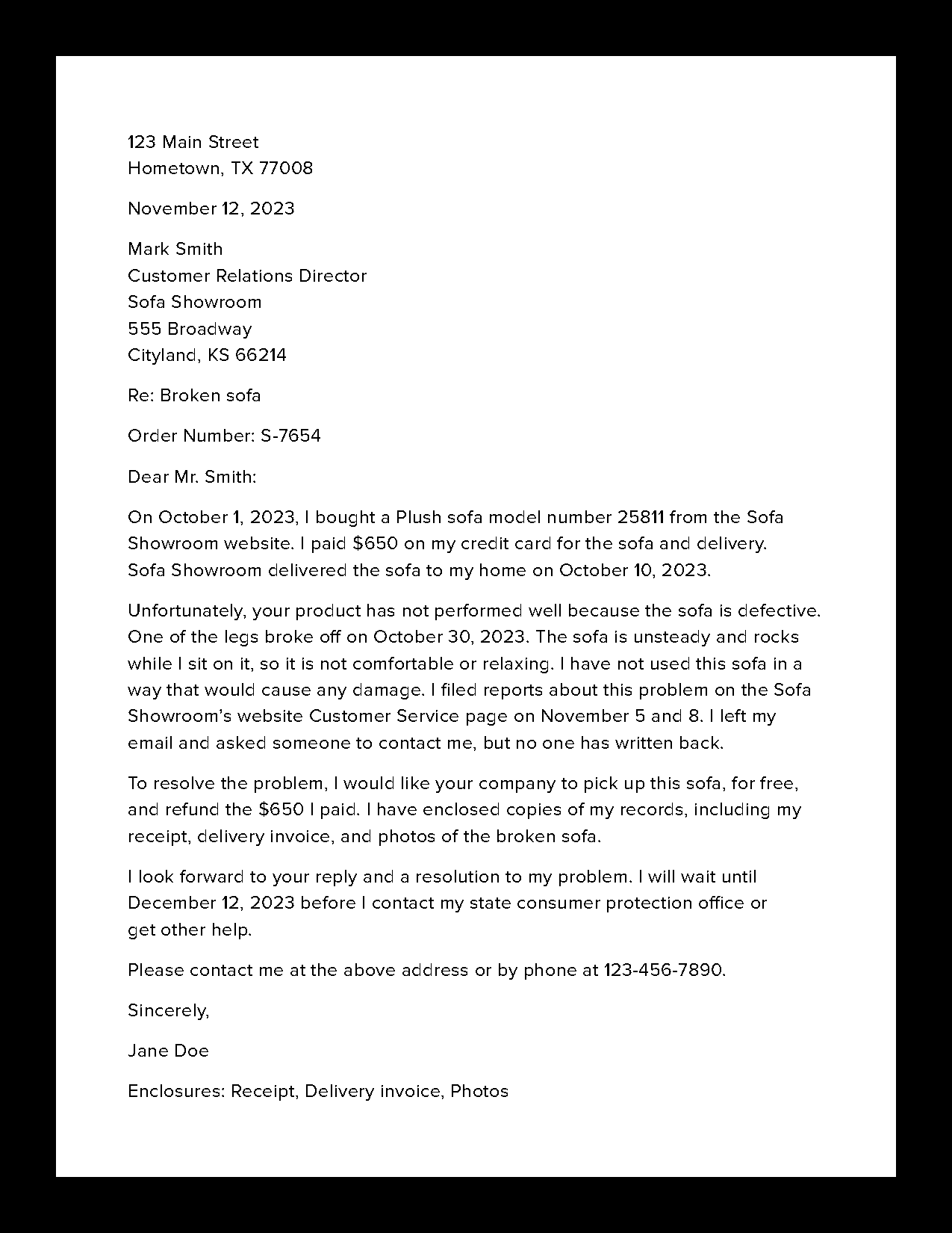 letter to customer re complaint