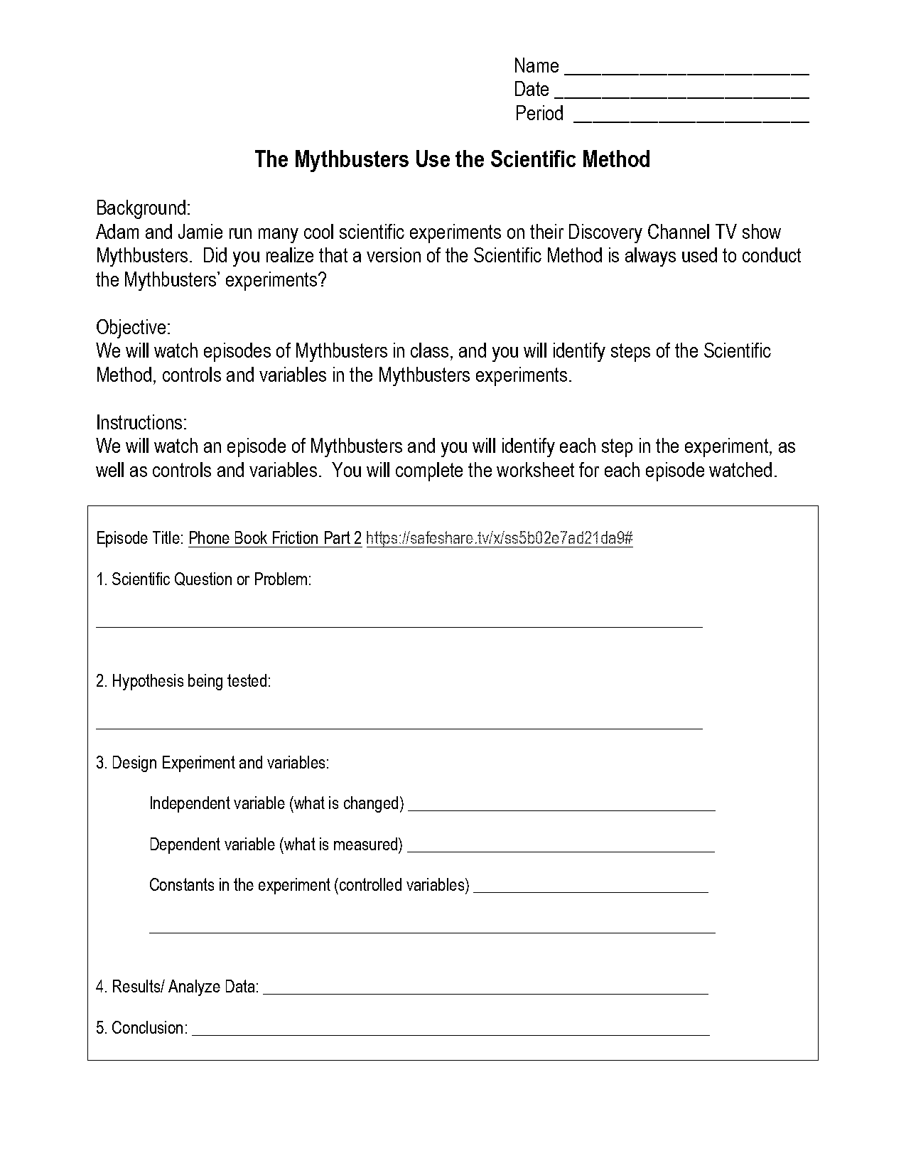 mythbusters and the scientific method worksheet answers