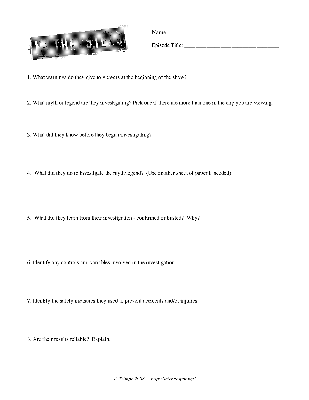 mythbusters and the scientific method worksheet answers