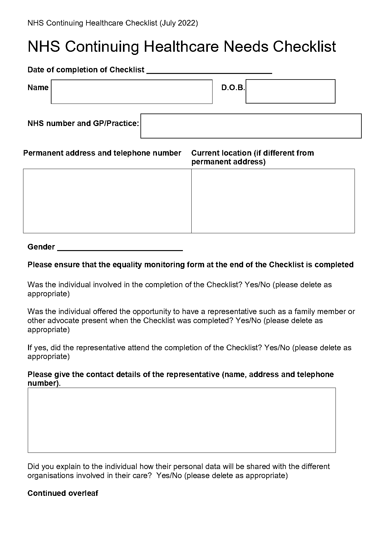 nhs continuing care checklist pdf