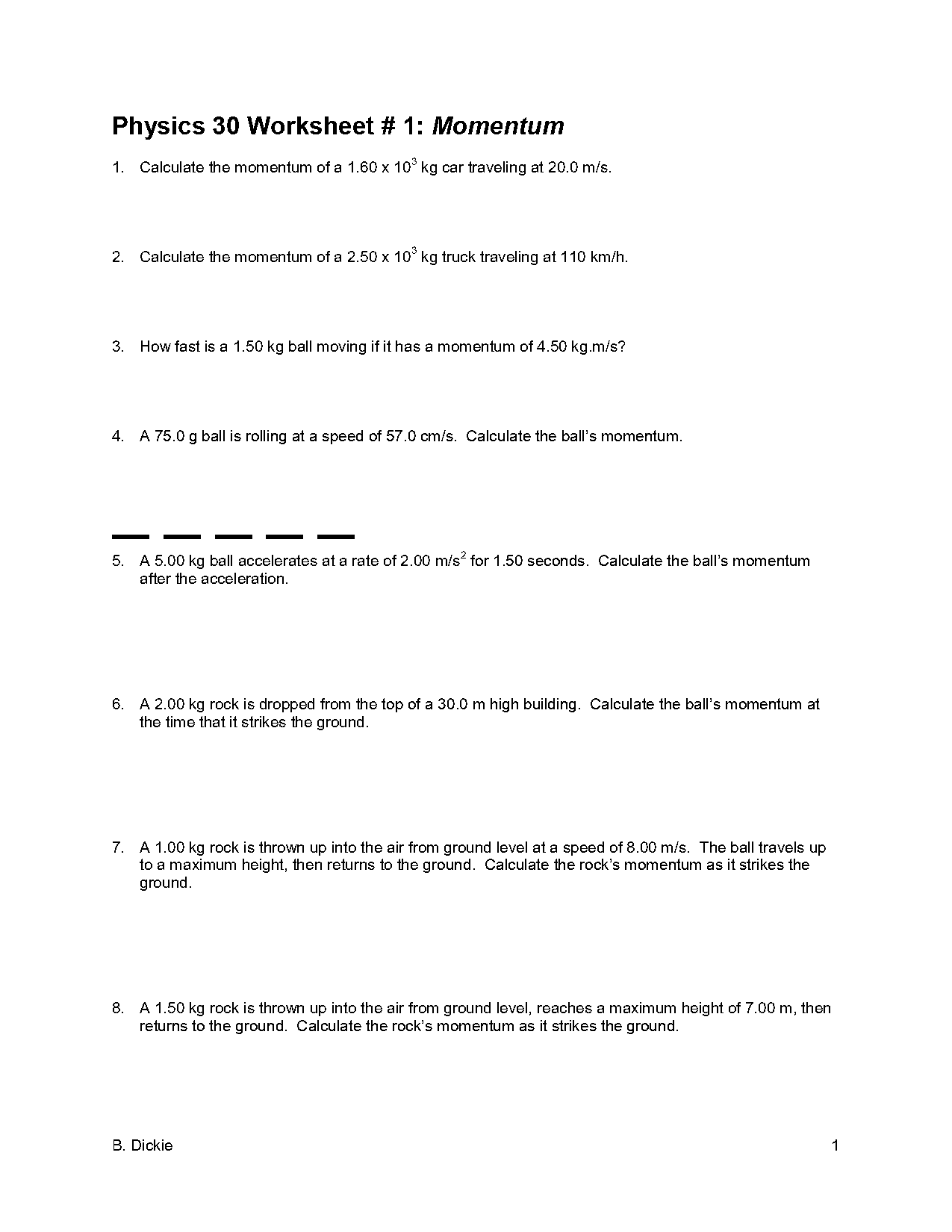 force and momentum problems worksheet