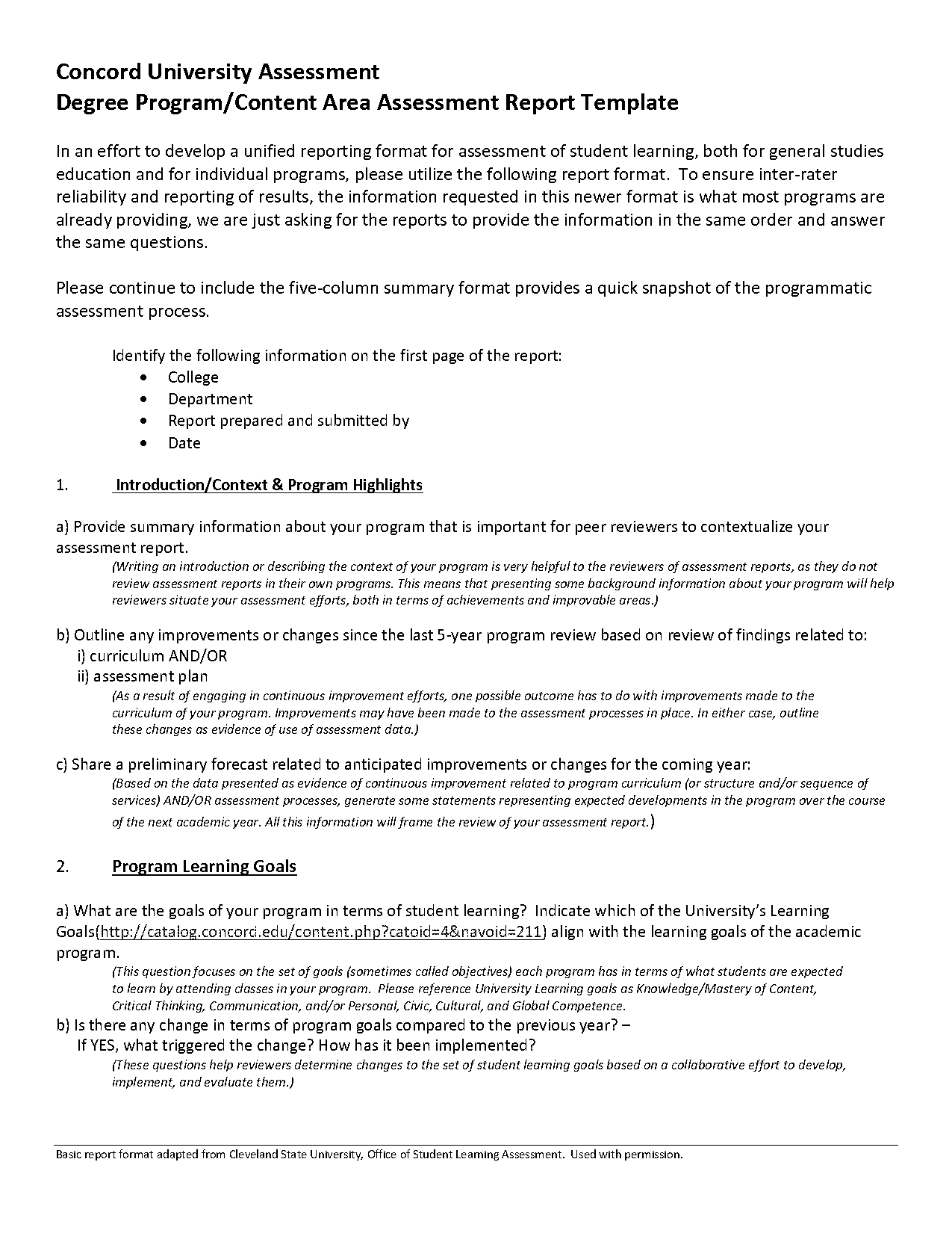 student assessment report sample format