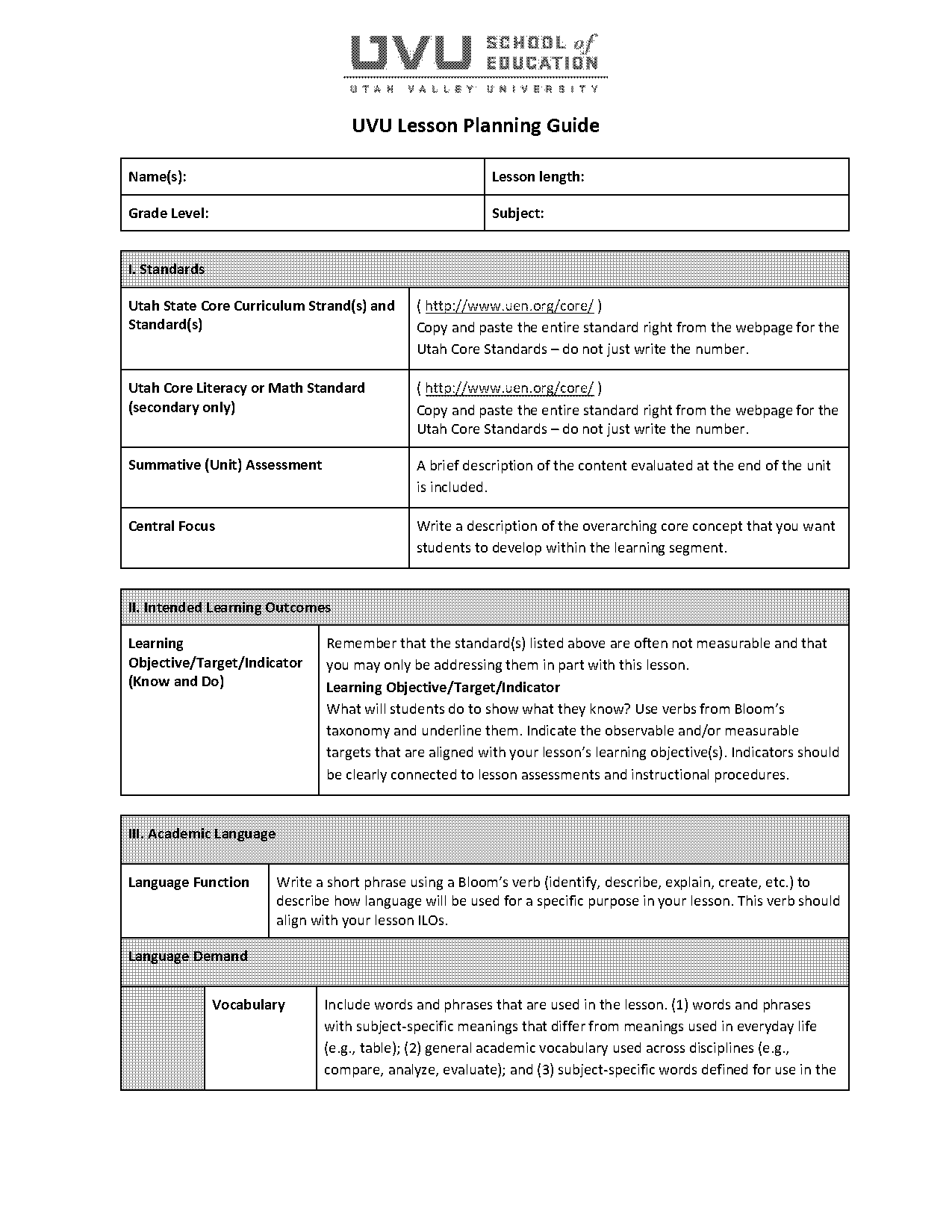 core lesson planning template