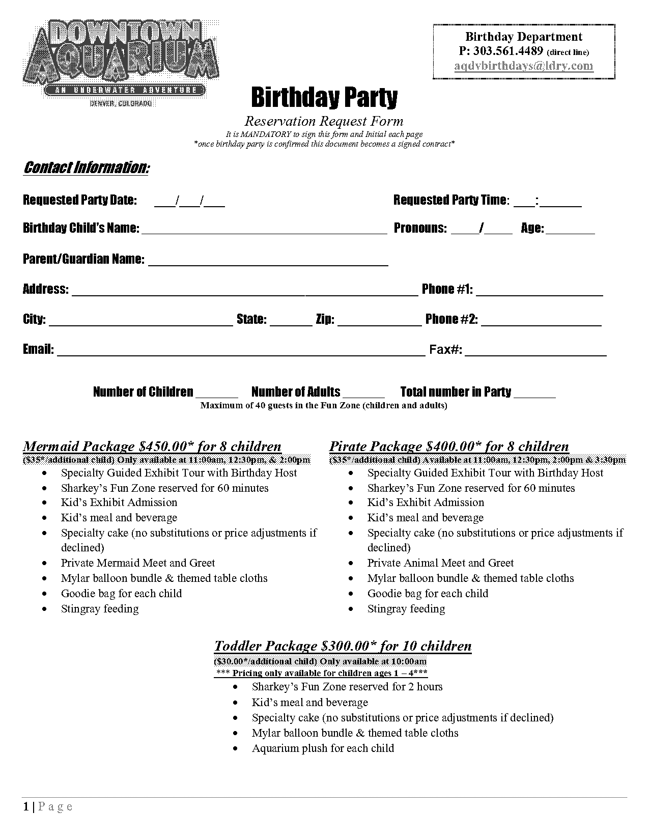 birthday party request form