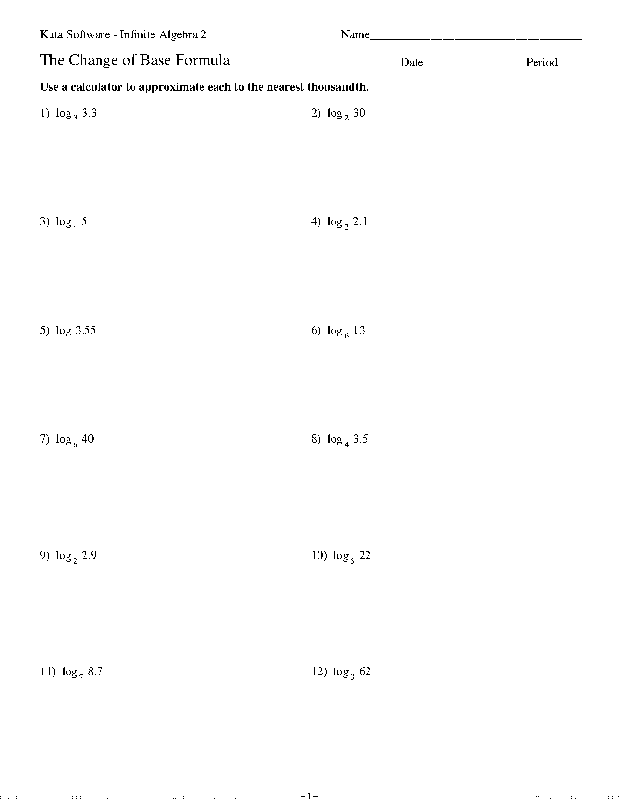 notes change of base formula for logarithms worksheet printable