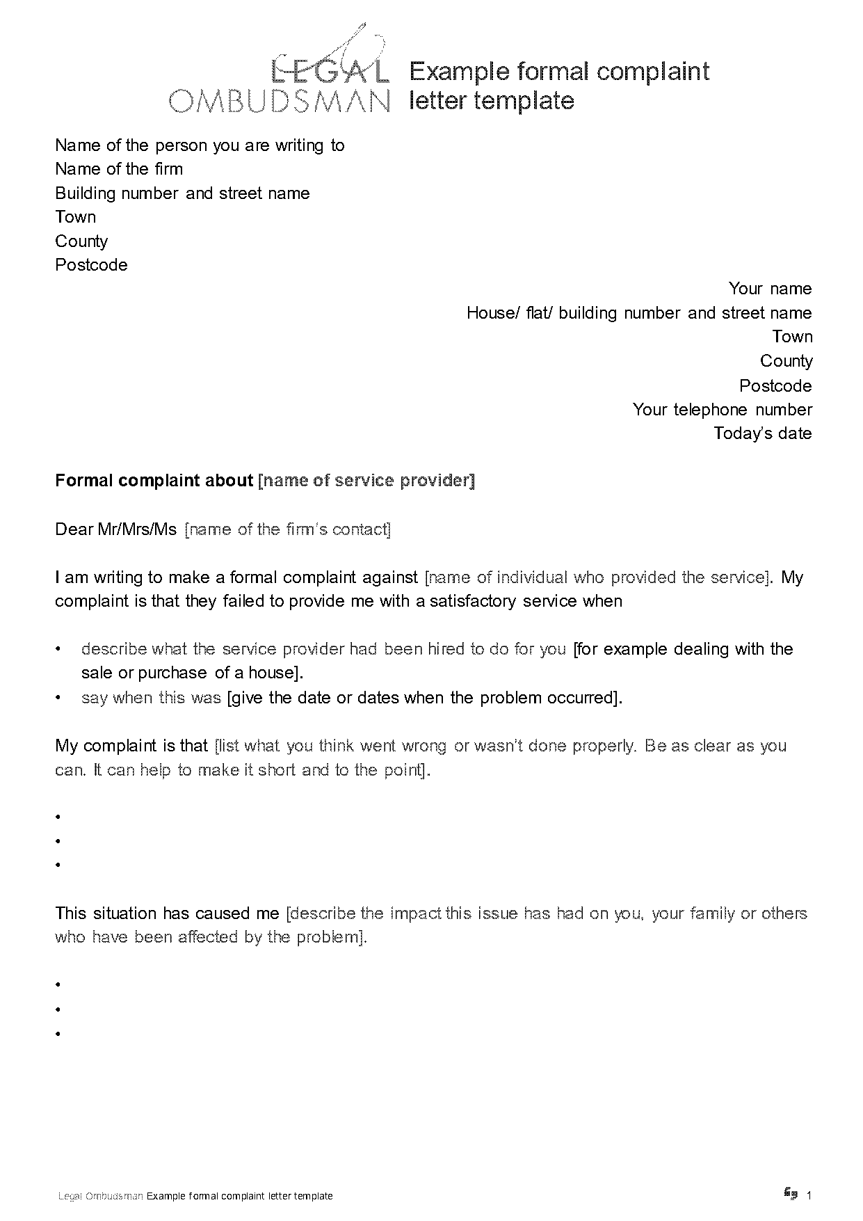 letter to customer re complaint