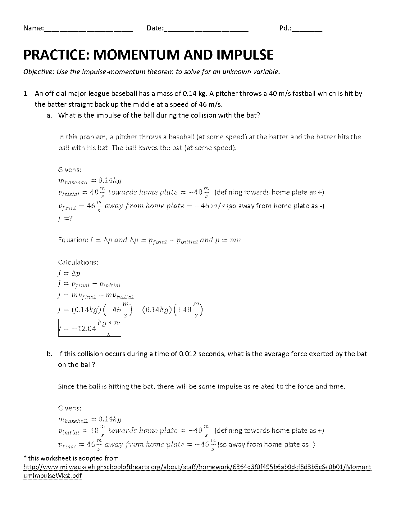 force and momentum problems worksheet