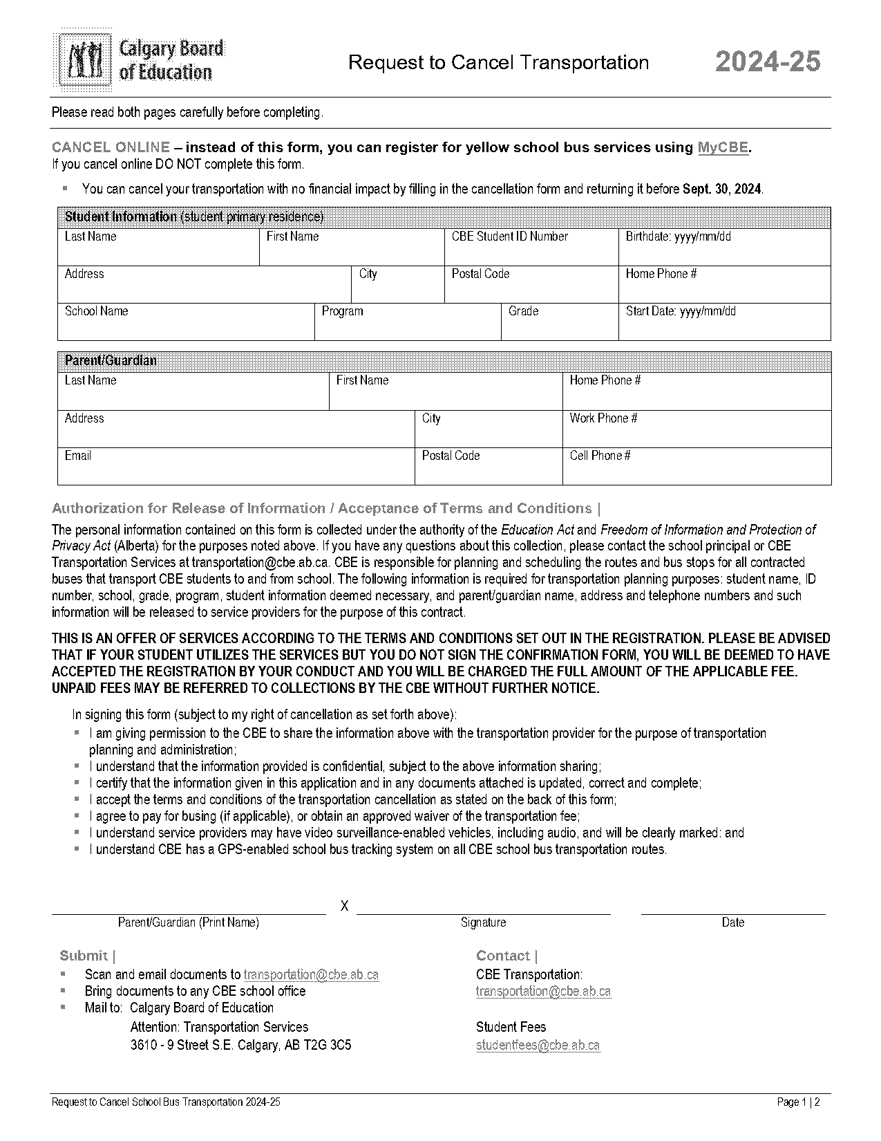 application for cancel school bus facility