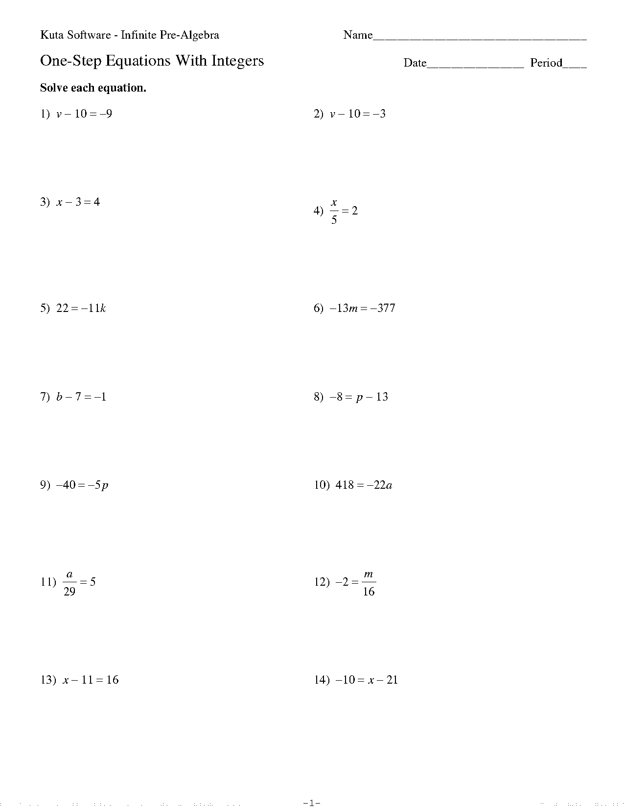 one step algebraic equations worksheet positive numbers