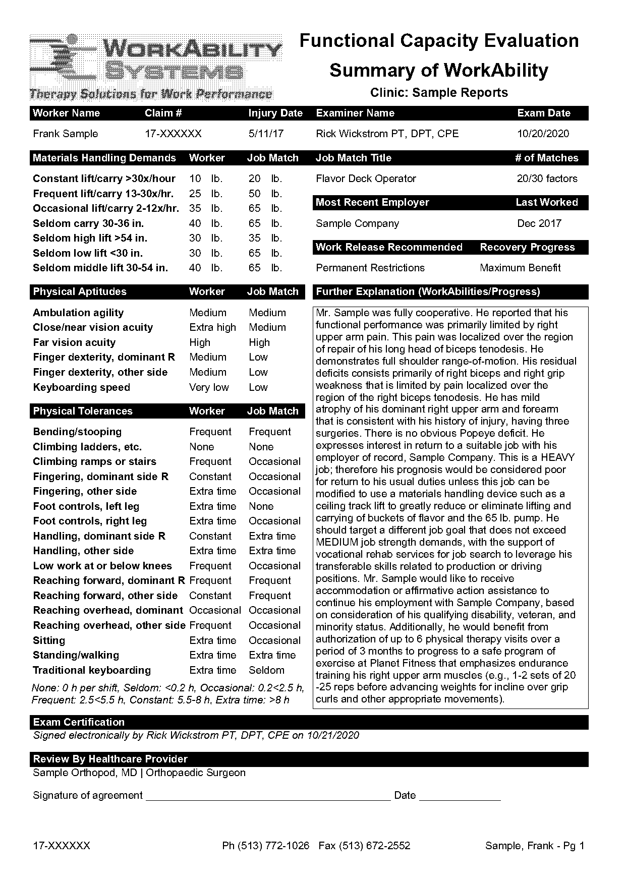 functional capacity evaluation template